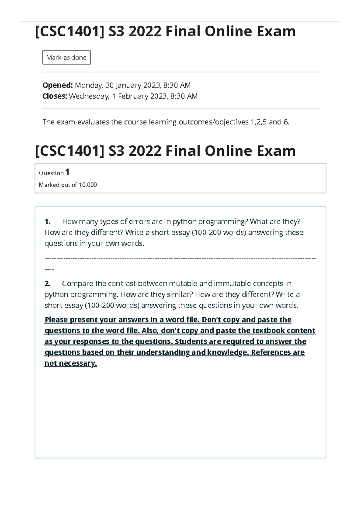 [ CSC1401 ] S3 2022 Final Online Exam - [CSC1401] S3 2022 Final Online ...