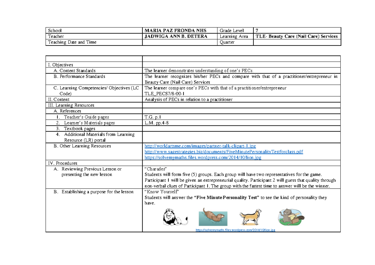 DLL NAIL CARE PECs Analysis I. Objectives A. Content Standards The