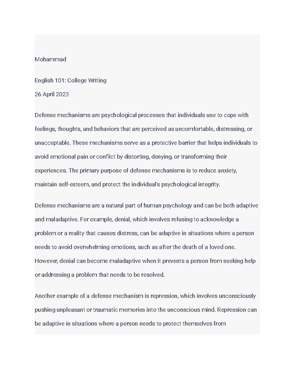 What is the primary purpose of defense mechanisms Mohammad English