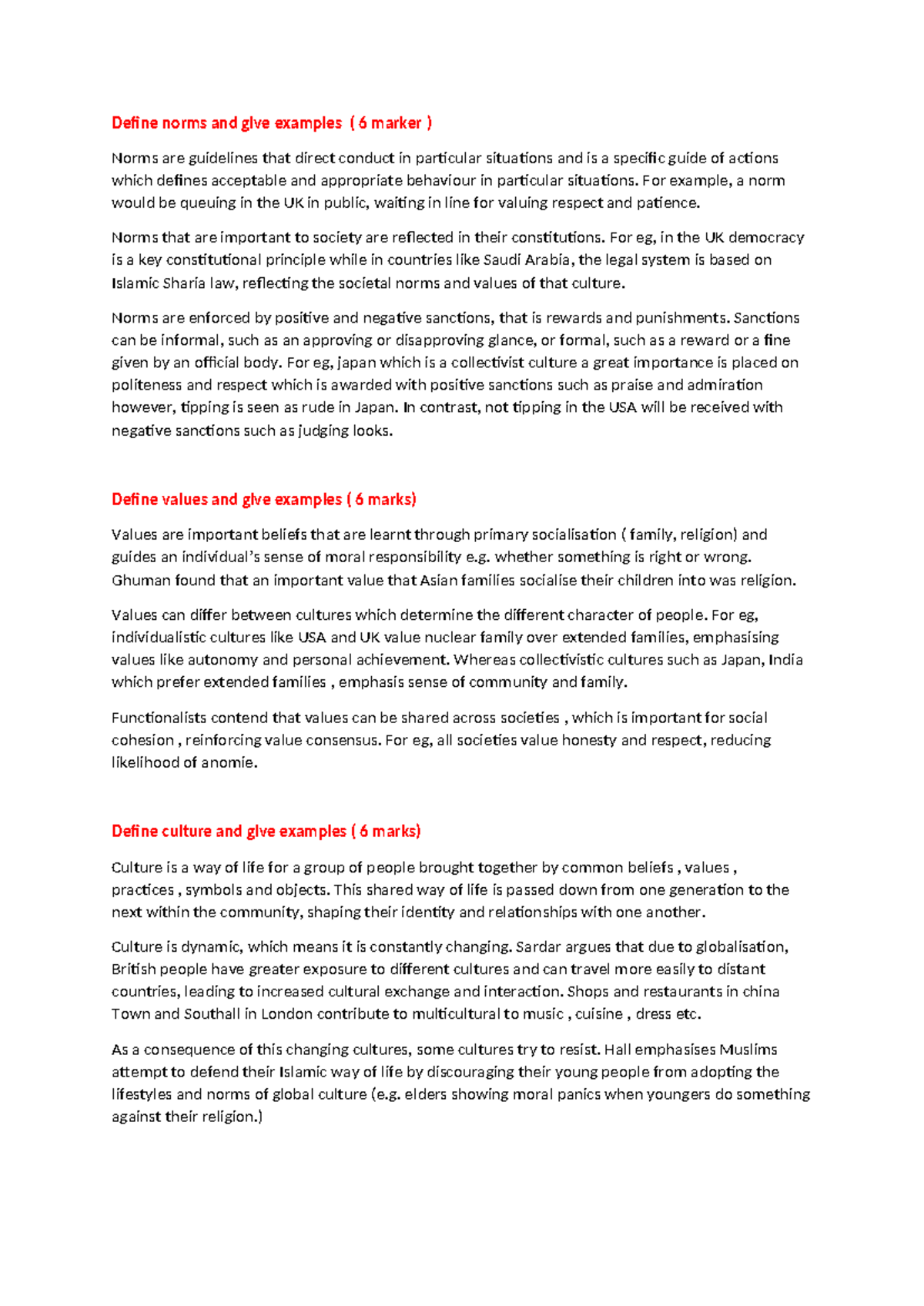 Culture 6 markers - Define norms and give examples ( 6 marker ) Norms ...