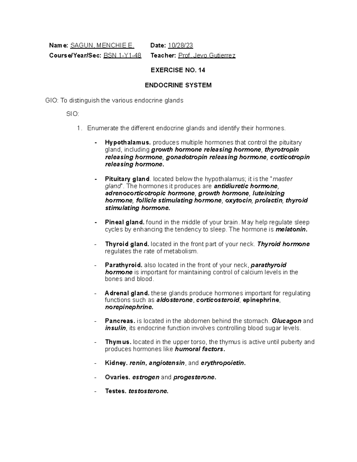 LAB Exercise Endocrine System - Name: SAGUN, MENCHIE E. Date: 10/28 ...