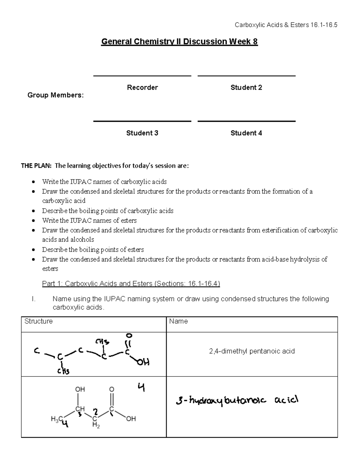 Fall 2022 Discussion WS Week 8 - ####### General Chemistry II ...