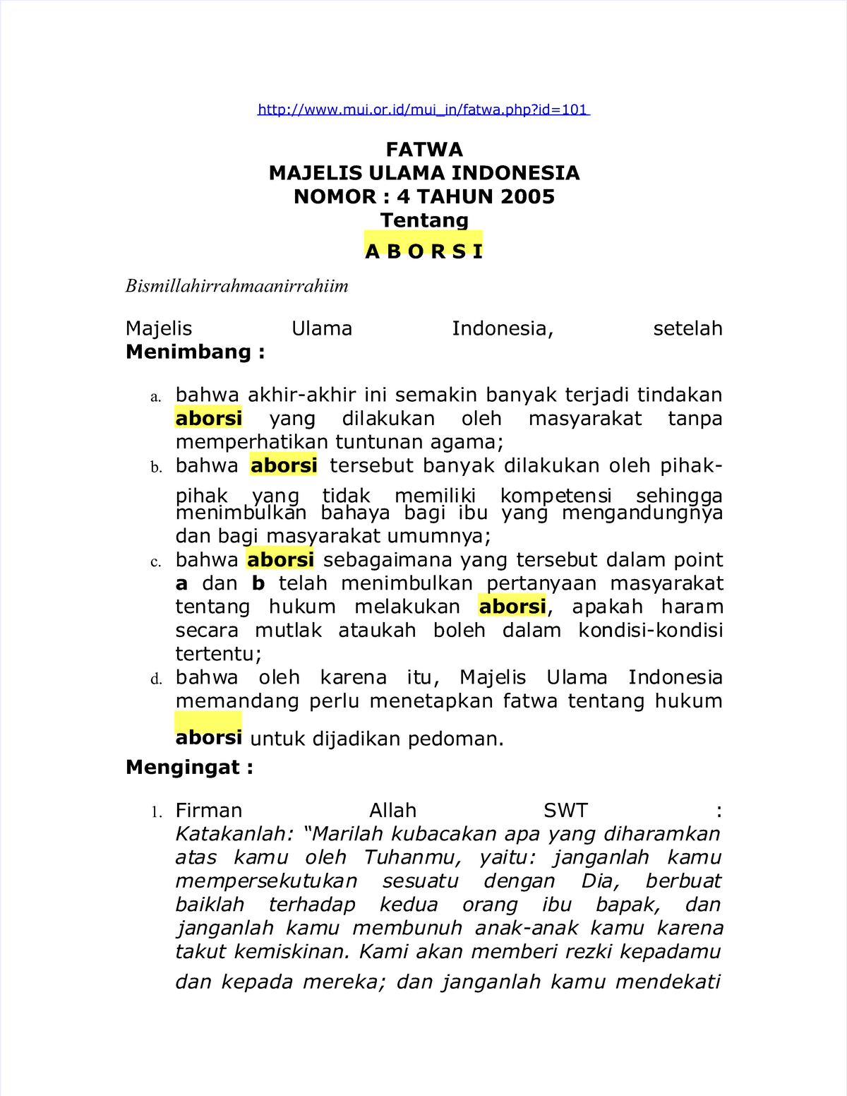 FATWA MAJELIS ULAMA INDONESIA NOMOR : 4 TAHUN 2005 Tentang A B O R S I ...