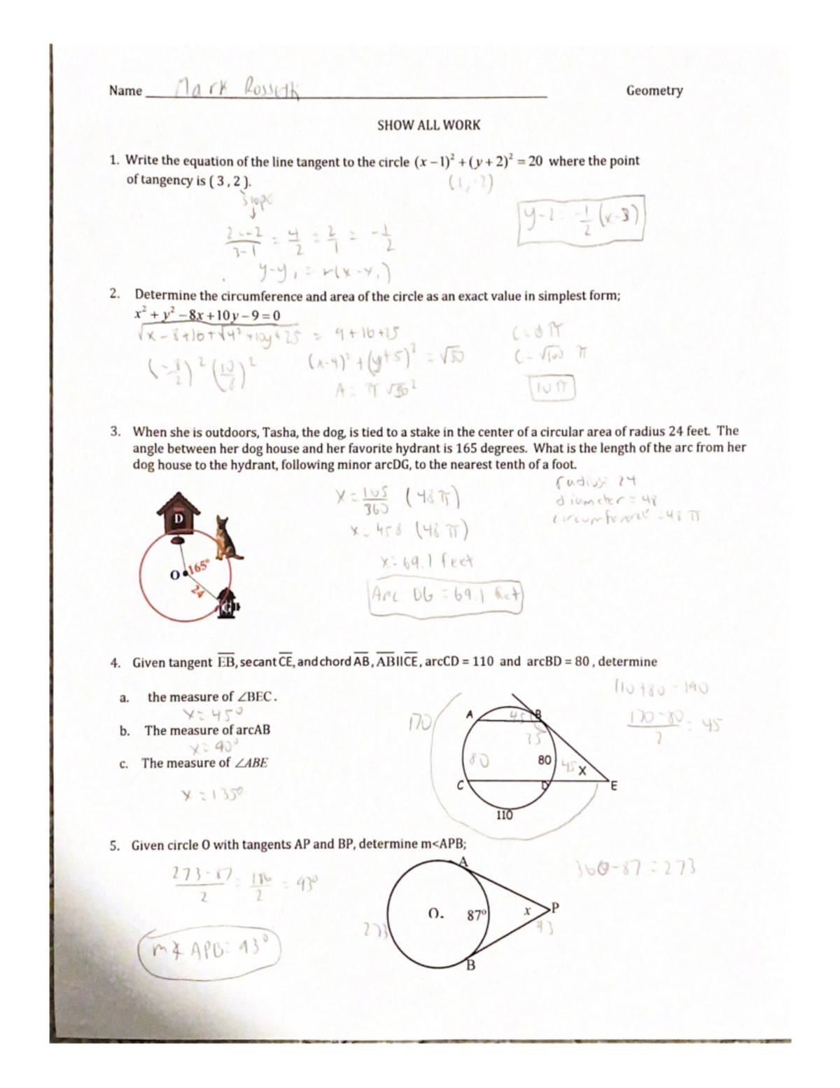 Geometry - Write the equation of the line tangent to the circle 20 ...