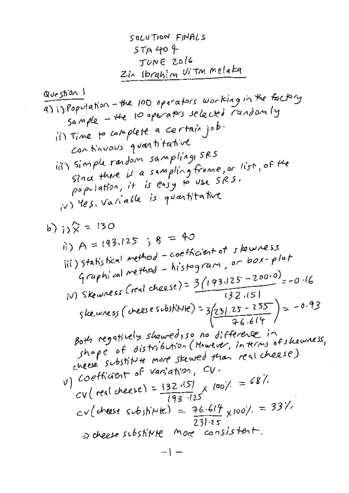 STAT404-Solution Final exam June 2016 - Statistic - Studocu