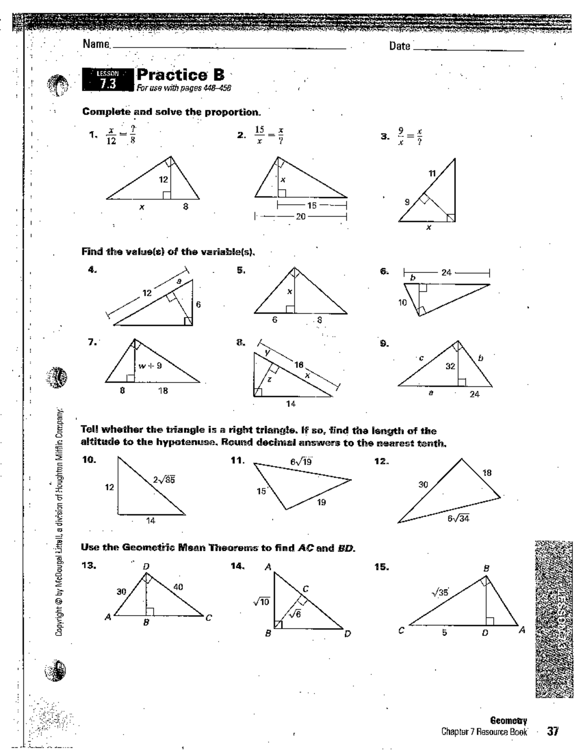 H-Geo+Section+7 - Geometry worksheet - Name Date LESSON Practice B 7 ...