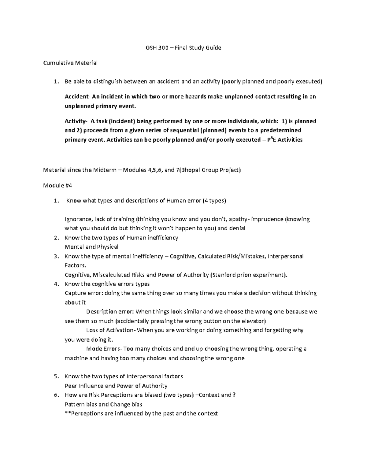 OSH 300 - Final Study Guide 2018 - Warning: TT: undefined function: 32 ...