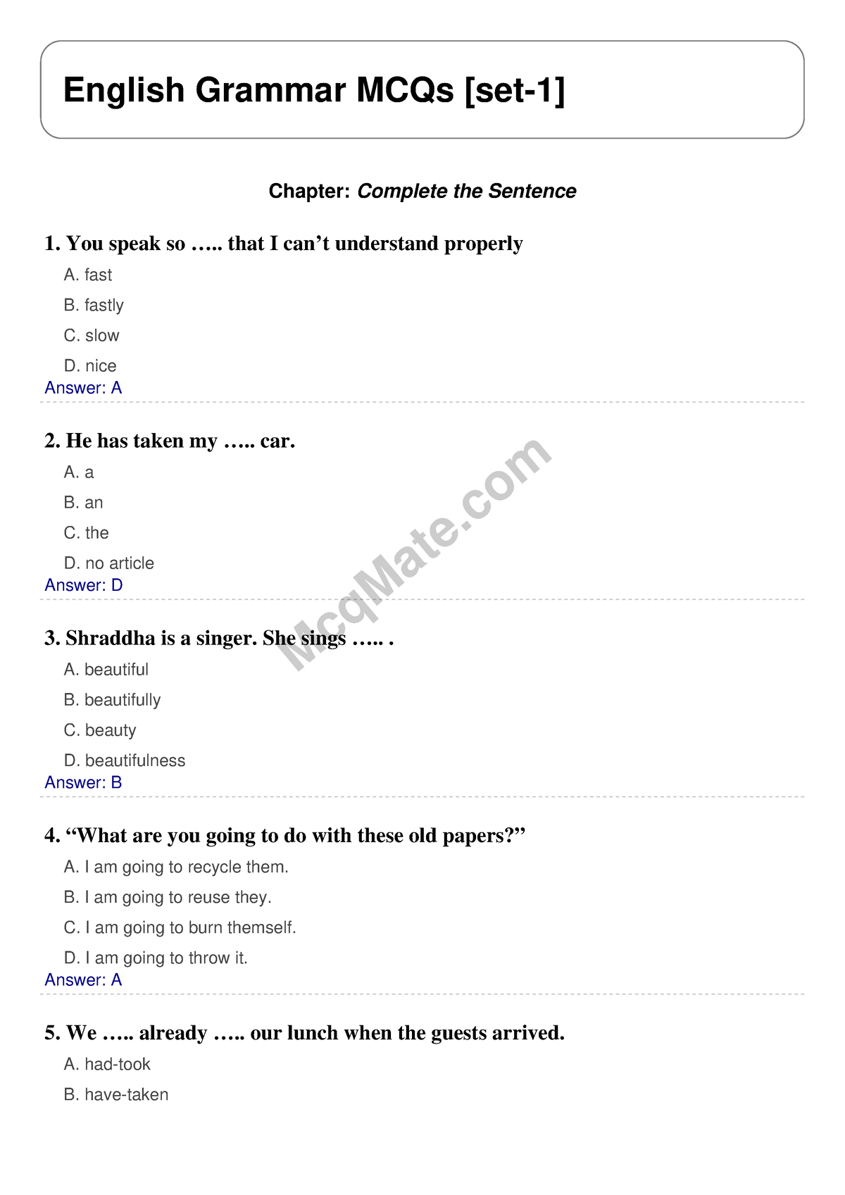 English-grammar-set-1 Mcqmate - McqMate English Grammar MCQs [set-1 ...