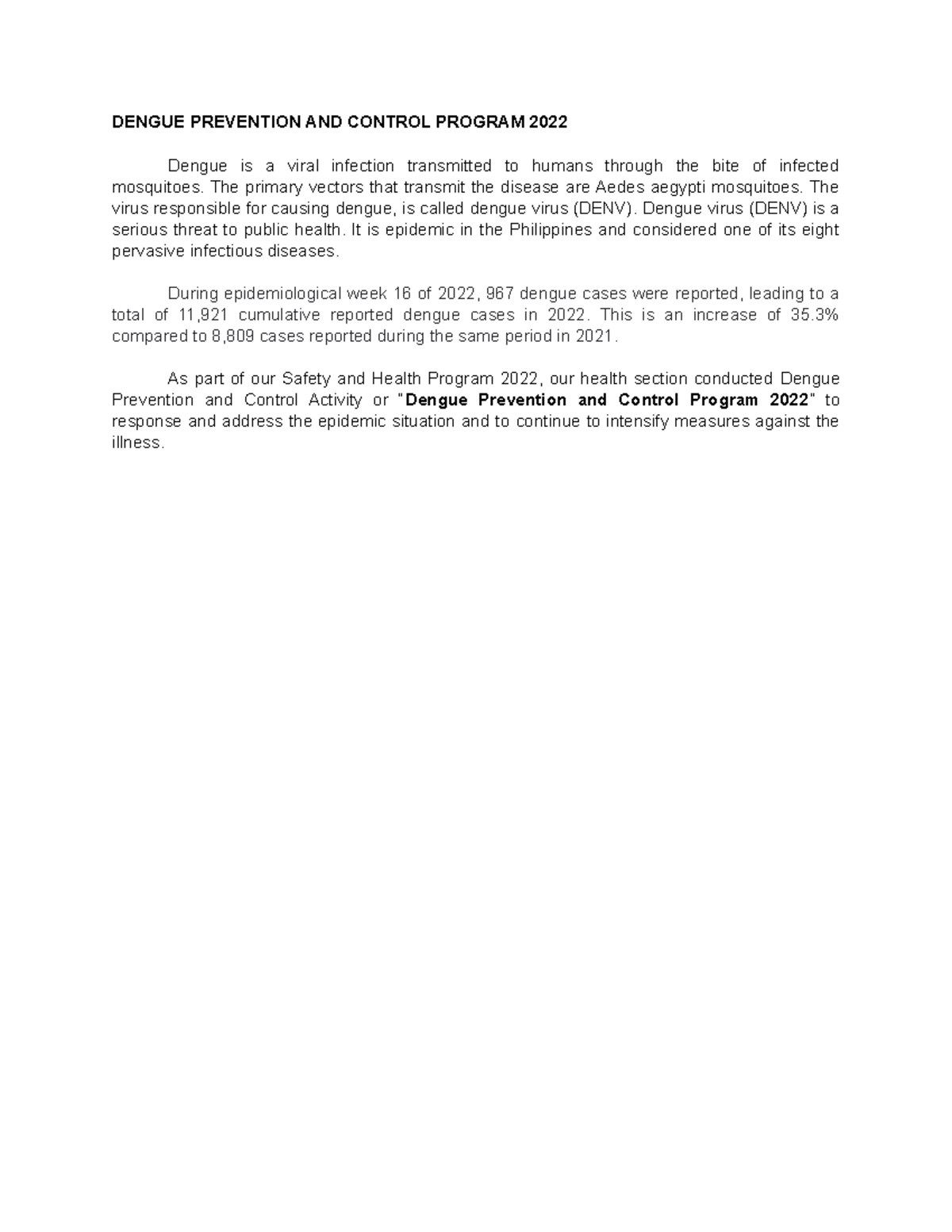 Dengue Prevention and Control Program 2022 - DENGUE PREVENTION AND ...