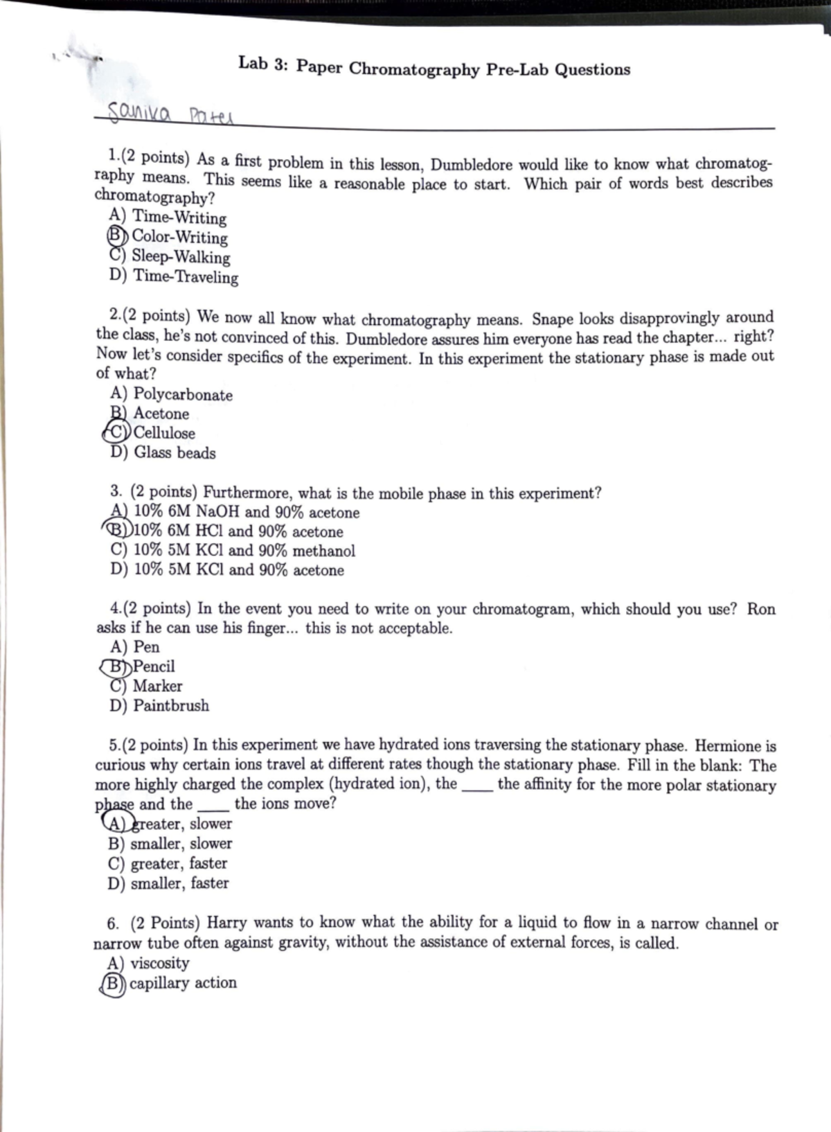 Lab 3 paper chromatography Lab 3 Paper Chromatography PreLab Questions 1.( 2 points) As a