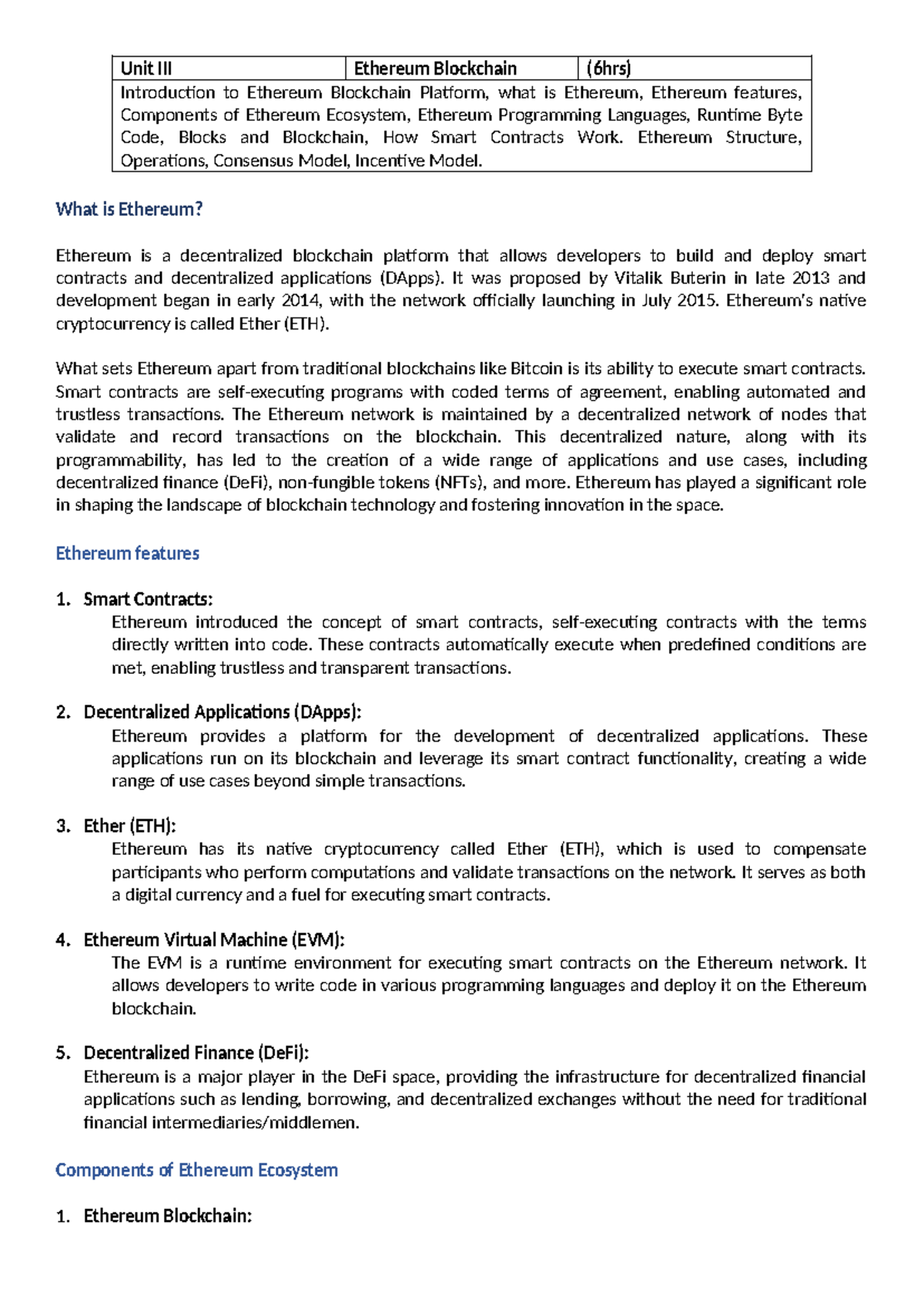 BC - Unit 3 - Block Chain Unit 3 Notes - Unit III Ethereum Blockchain ...