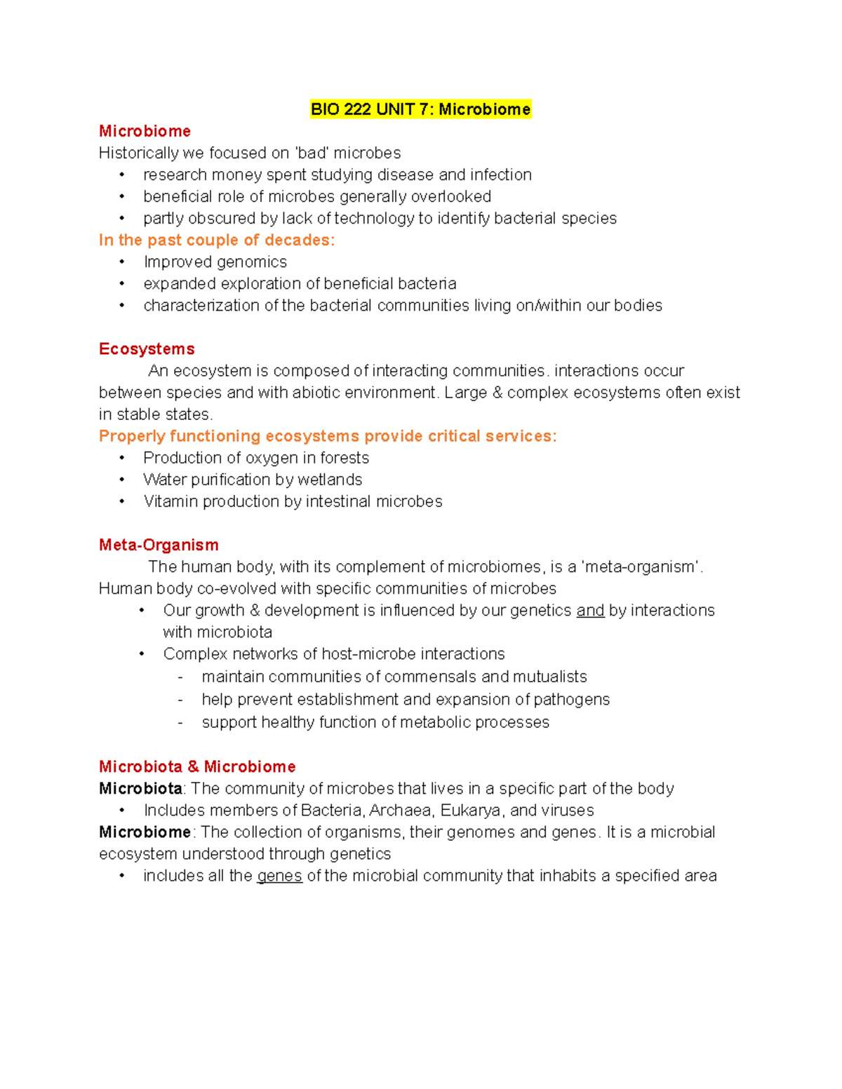 BIO 222 UNIT 7 - Bio 222 - BIO 222 UNIT 7: Microbiome Microbiome ...