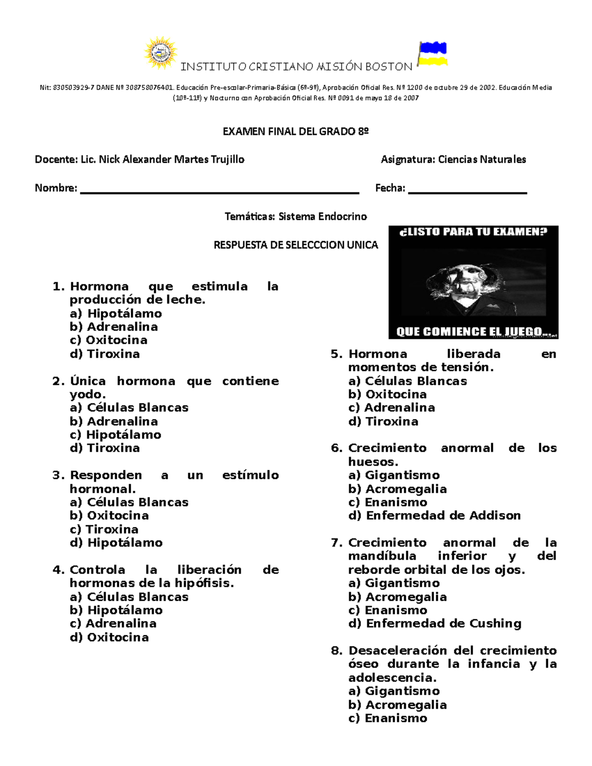 Examen Final DEL Grado 8º Icfes ciencia naturales Biología General