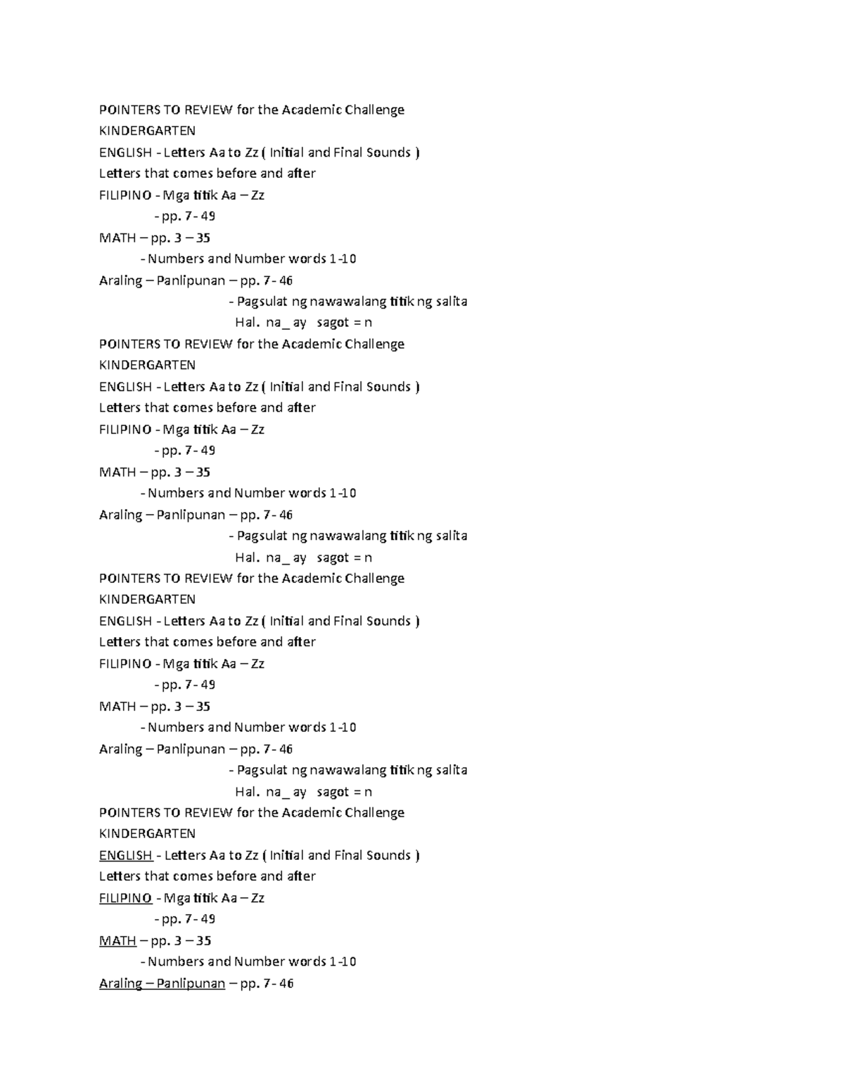 Pointers FOR ACAD Kinder POINTERS TO REVIEW for the Academic Challenge KINDERGARTEN ENGLISH