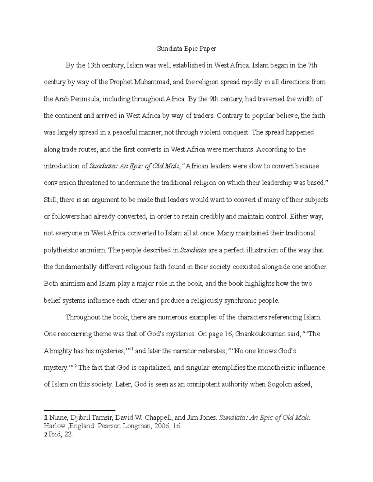 Sundiata Epic Paper Grade 100 Sundiata Epic Paper The 13th Century Islam Was Studocu