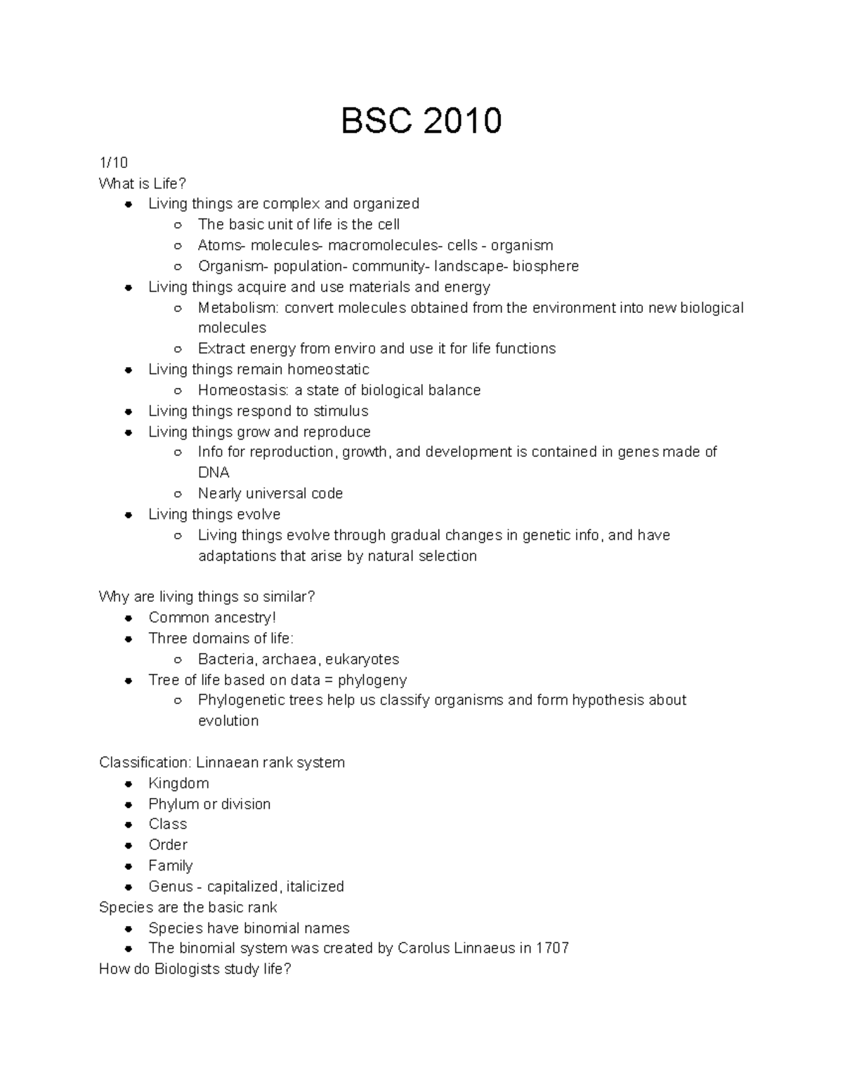 BSC2010 Notes - BSC 2010 What Is Life? Living Things Are Complex And ...