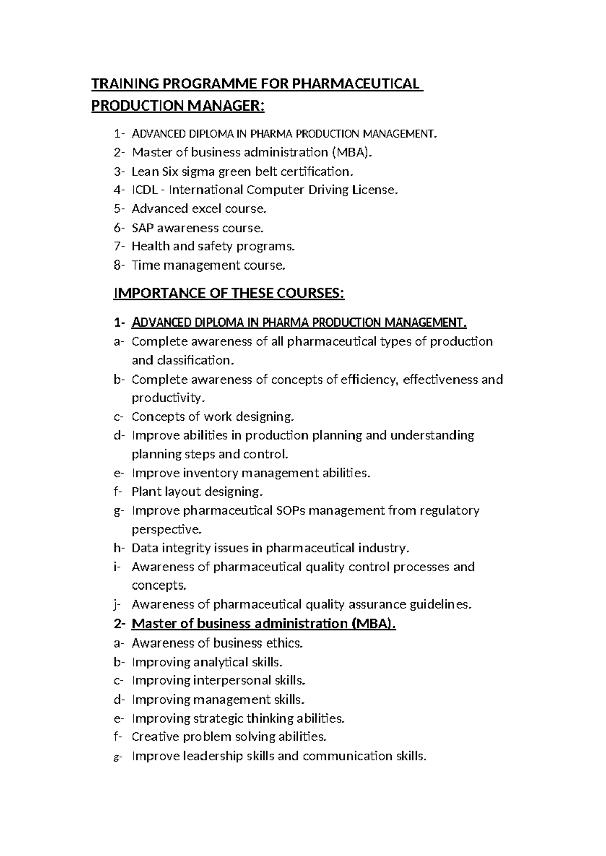 Training Programme FOR Pharmaceutical Production Manager - TRAINING ...