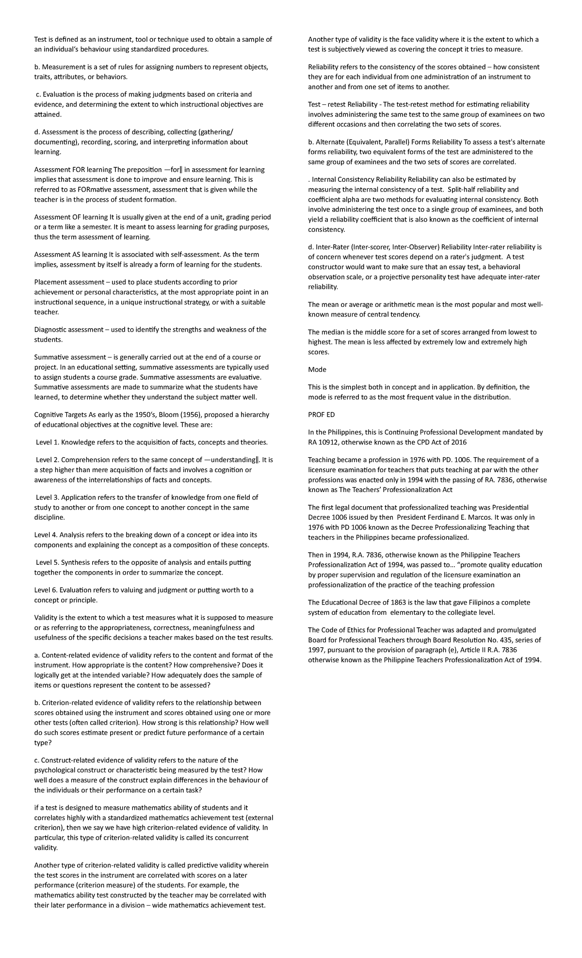 PROF ED Reviewer - Test is defined as an instrument, tool or technique ...
