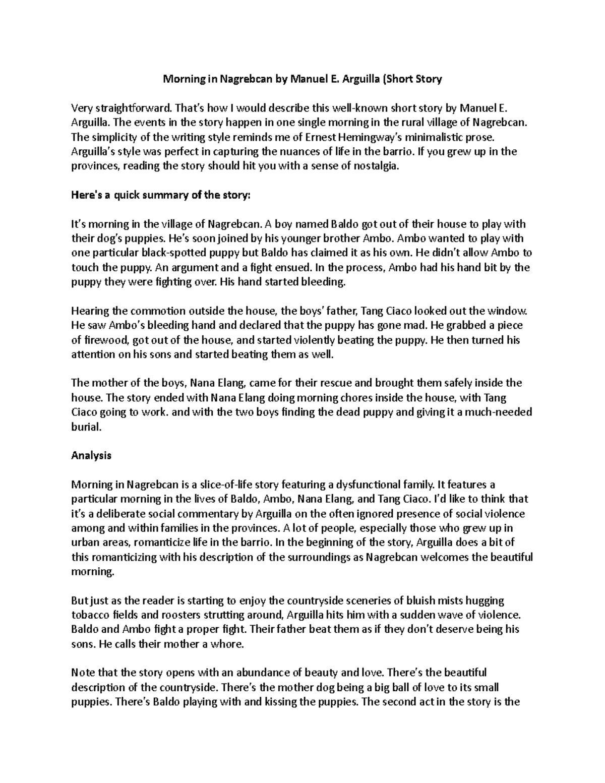 Morning in Nagrebcan Arguilla (Short Story Very straightforward. That