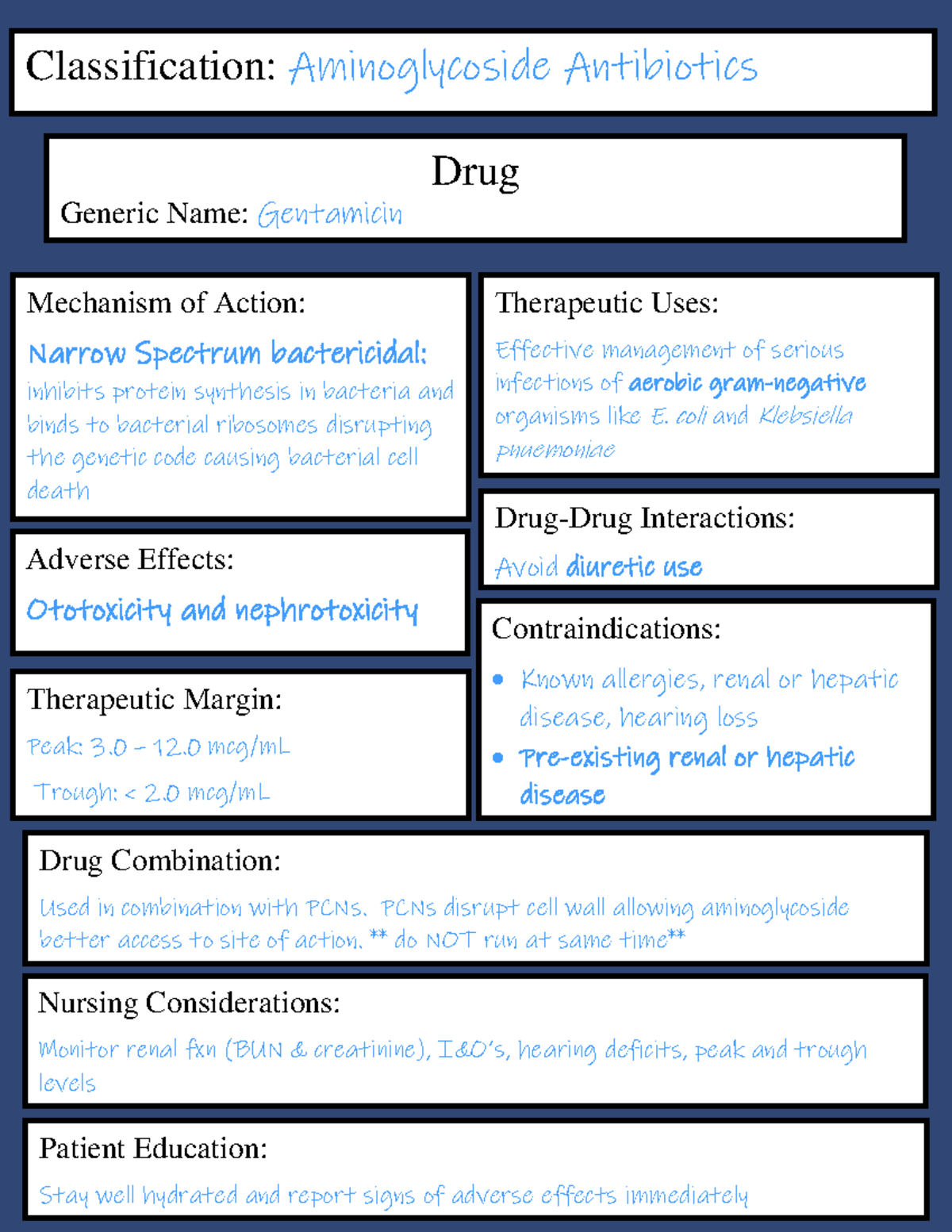 Aminoglycosides Sheet PDF Nursing Considerations Monitor renal fxn (BUN & creatinine), Studocu