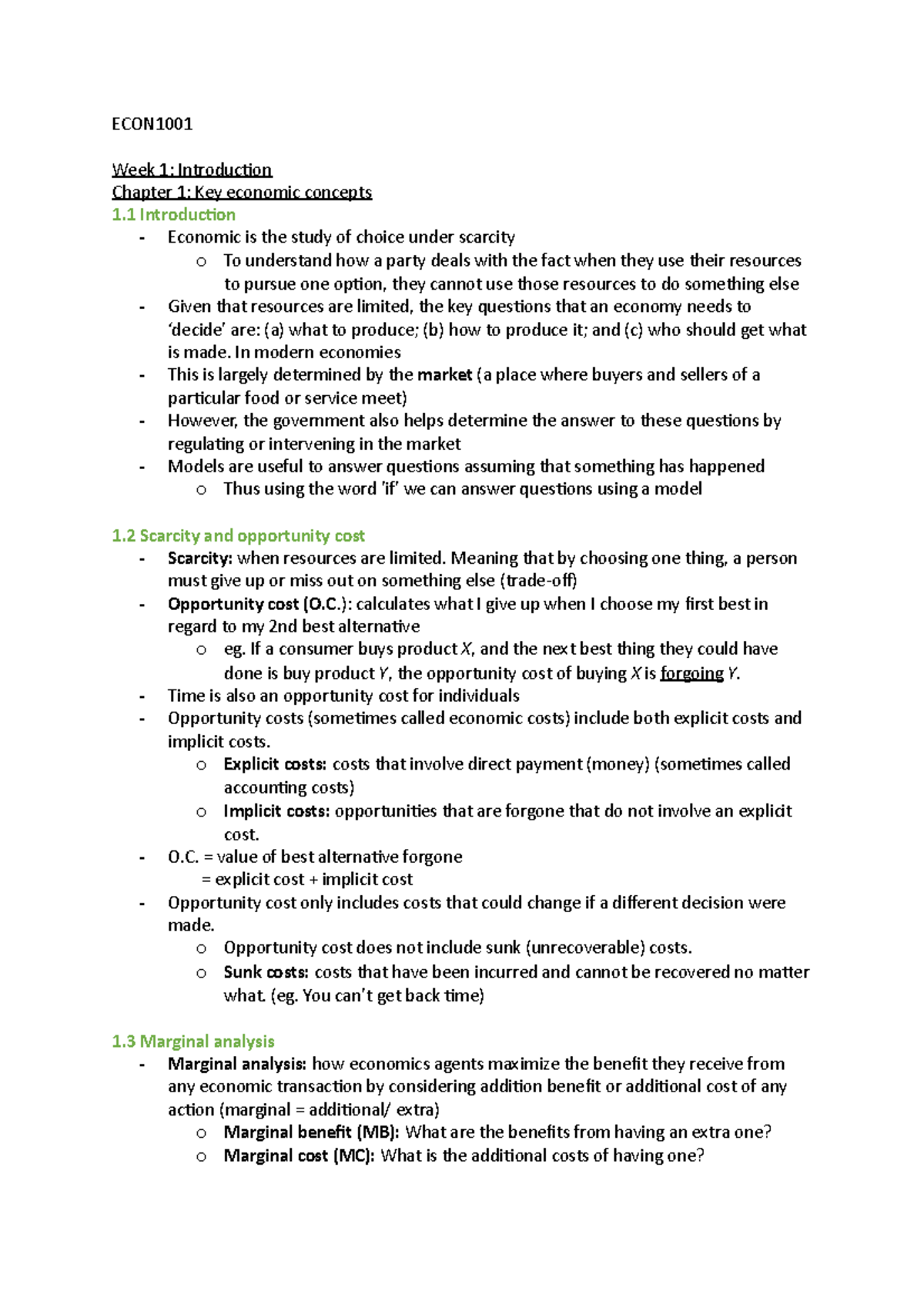 ECON1001 Textbook notes - ECON Week 1: Introduction Chapter 1: Key ...