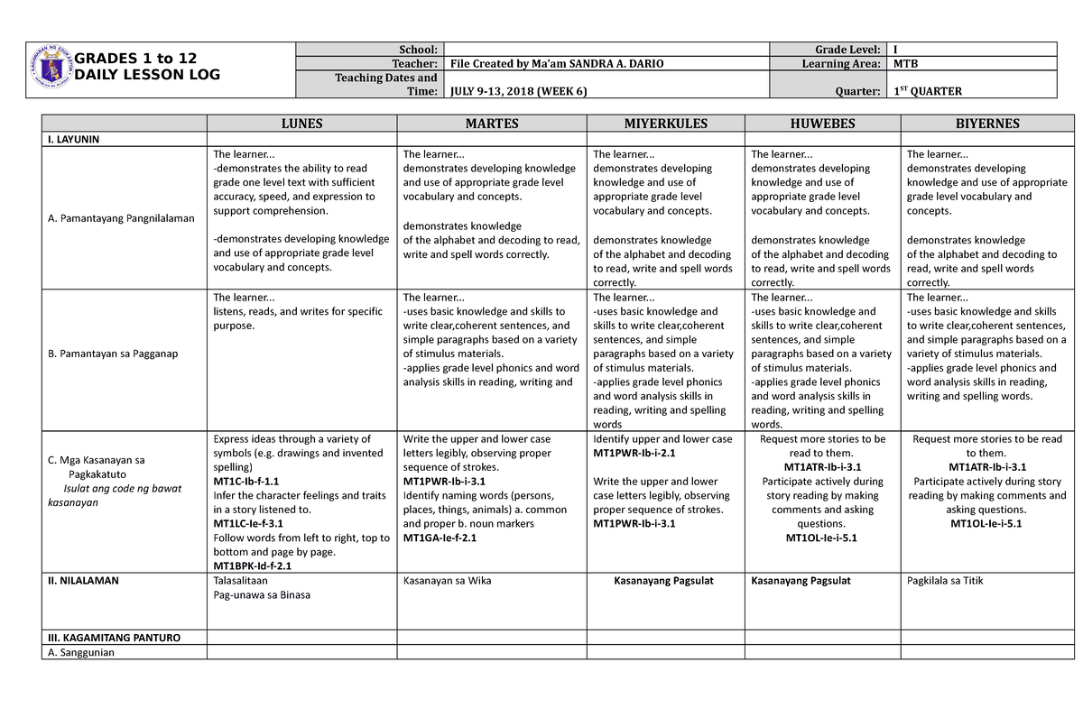 DLL MTB 1 Q1 W6 - dll - GRADES 1 to 12 DAILY LESSON LOG School: Grade ...