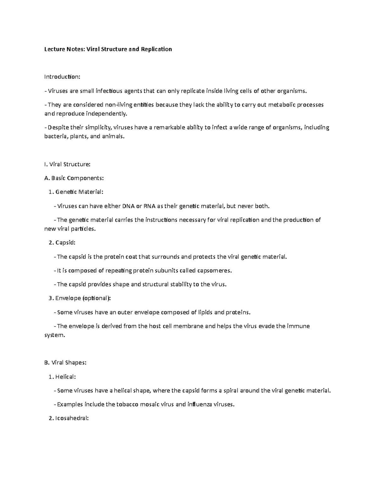 Lecture Notes: Viral Structure and Replication - Lecture Notes: Viral ...