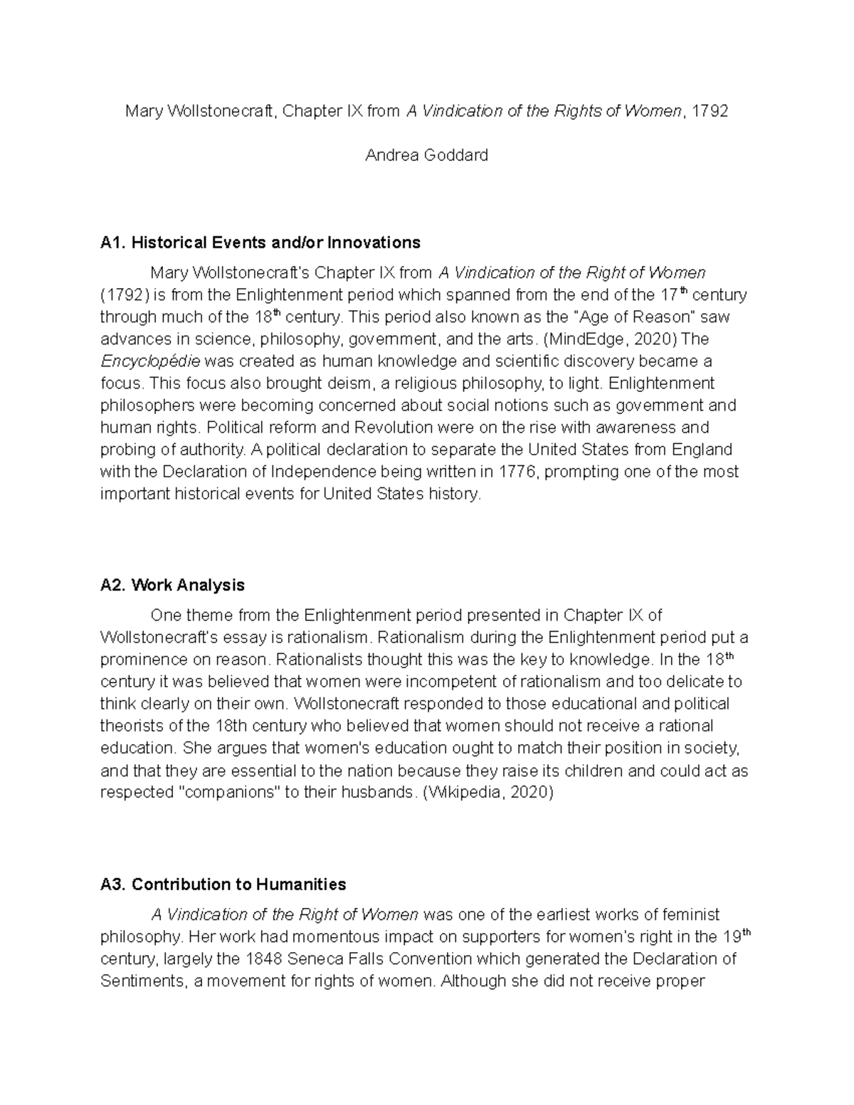 C100 Humanities Task 1 - Mary Wollstonecraft, Chapter Ix From A 