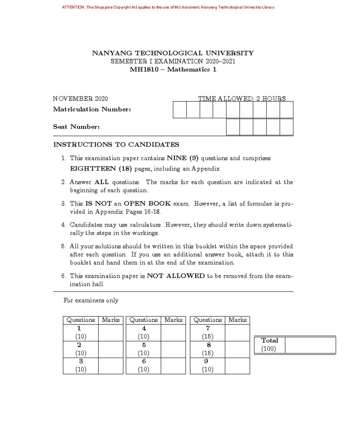 MH1810 2020-2021 Semester 1 Final Exam - NANYANG TECHNOLOGICAL ...