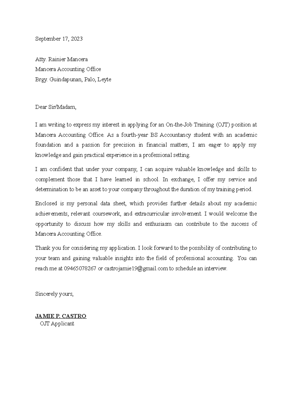 Application letter - September 17, 2023 Atty. Rainier Mancera Mancera ...