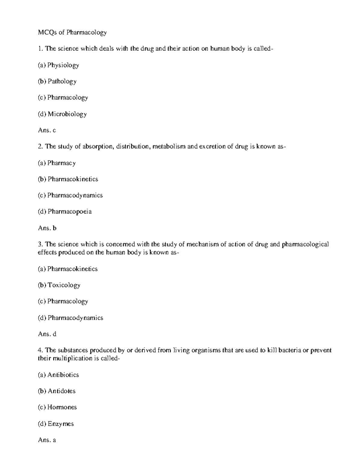 Cology mcqs - MCQs of Pharmacology The science which deals with the ...