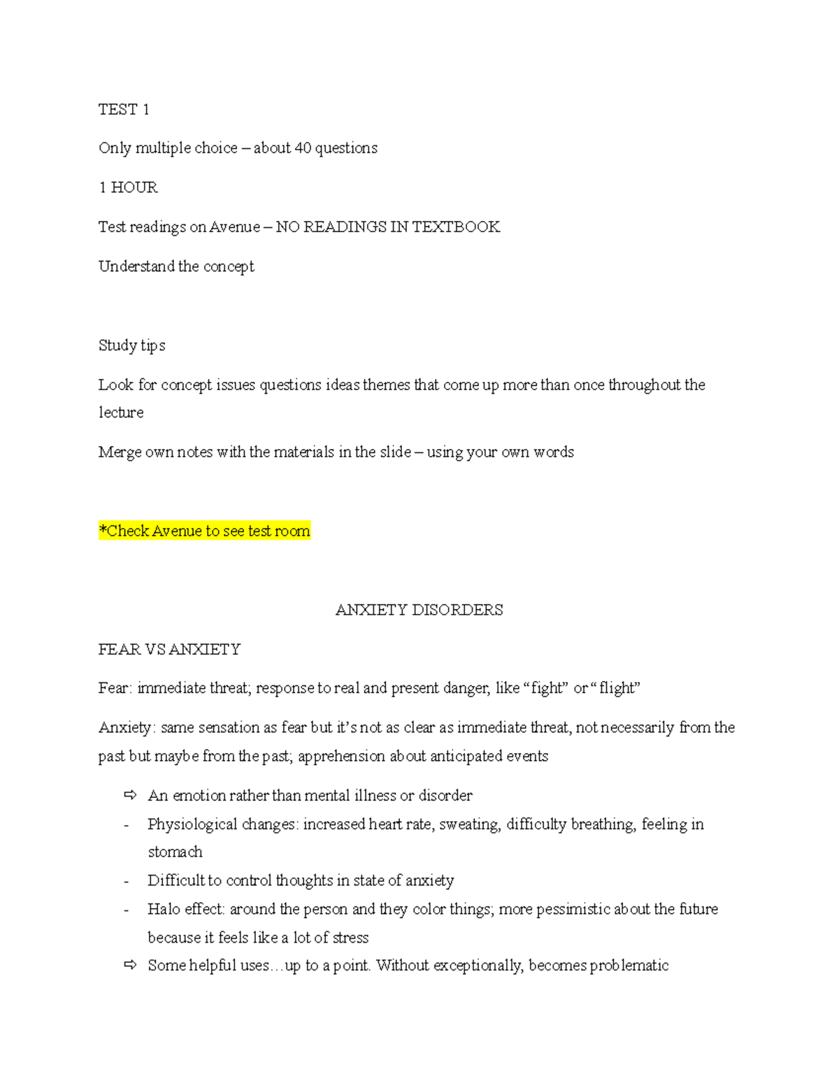 Lecture 4 - Anxiety Disorders - 2019 0930 - Test 1 Only Multiple Choice 