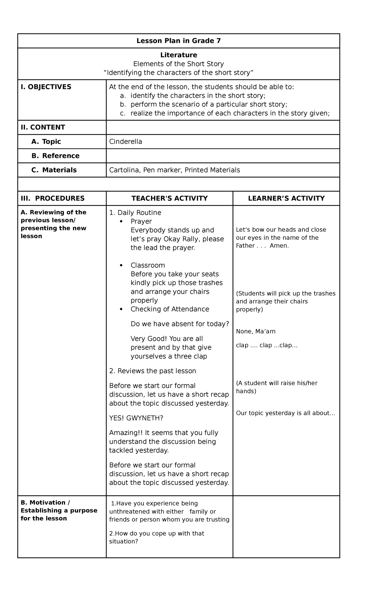 Marmol - guide for lesson plan - Lesson Plan in Grade 7 Literature ...