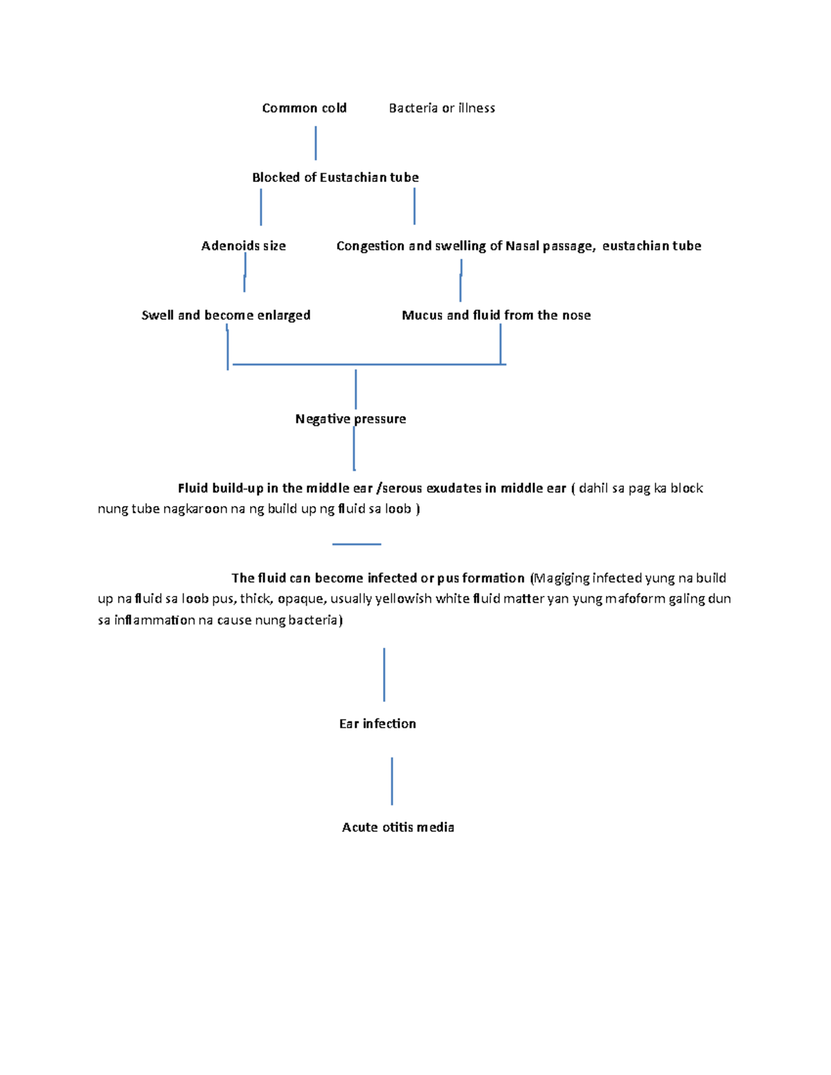 pathophysiology Common cold Bacteria or illness Blocked of Eustachian
