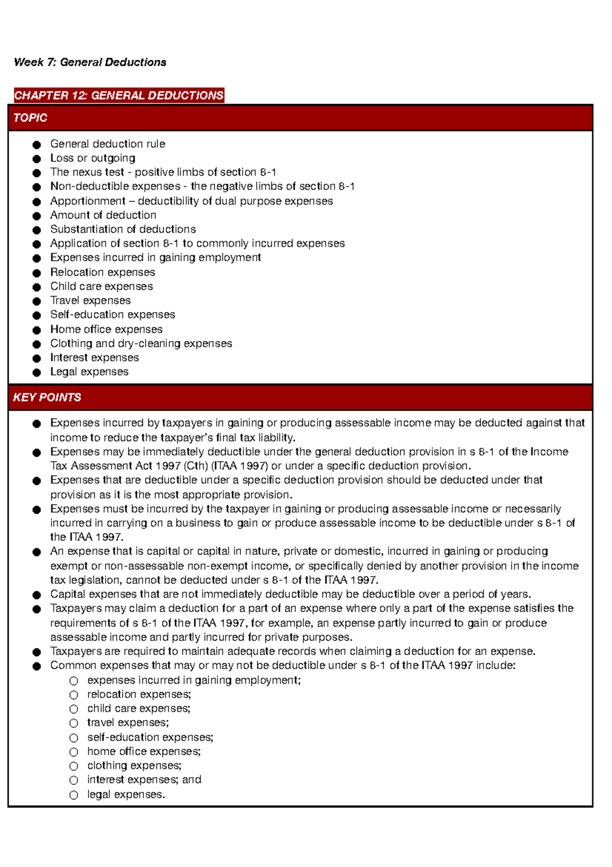 TL WK 7 Notes - Week 7: General Deductions CHAPTER 12: GENERAL ...