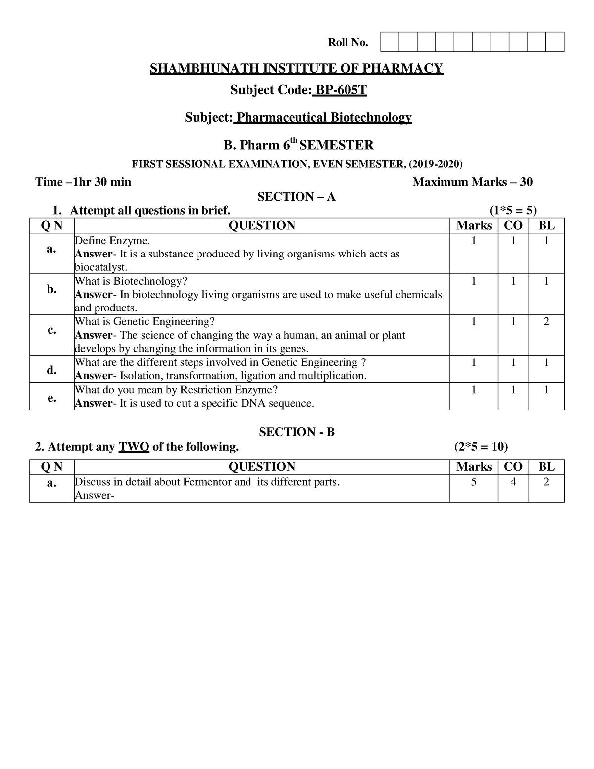 BP605T - Roll No. SHAMBHUNATH INSTITUTE OF PHARMACY Subject Code: BP ...