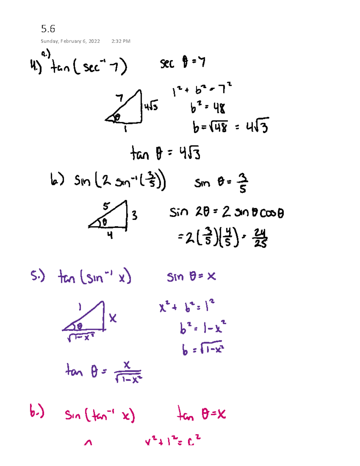 5.6 practice problems - 5 Sunday, February 6, 2022 2:32 PM a.) 4.) tan ...