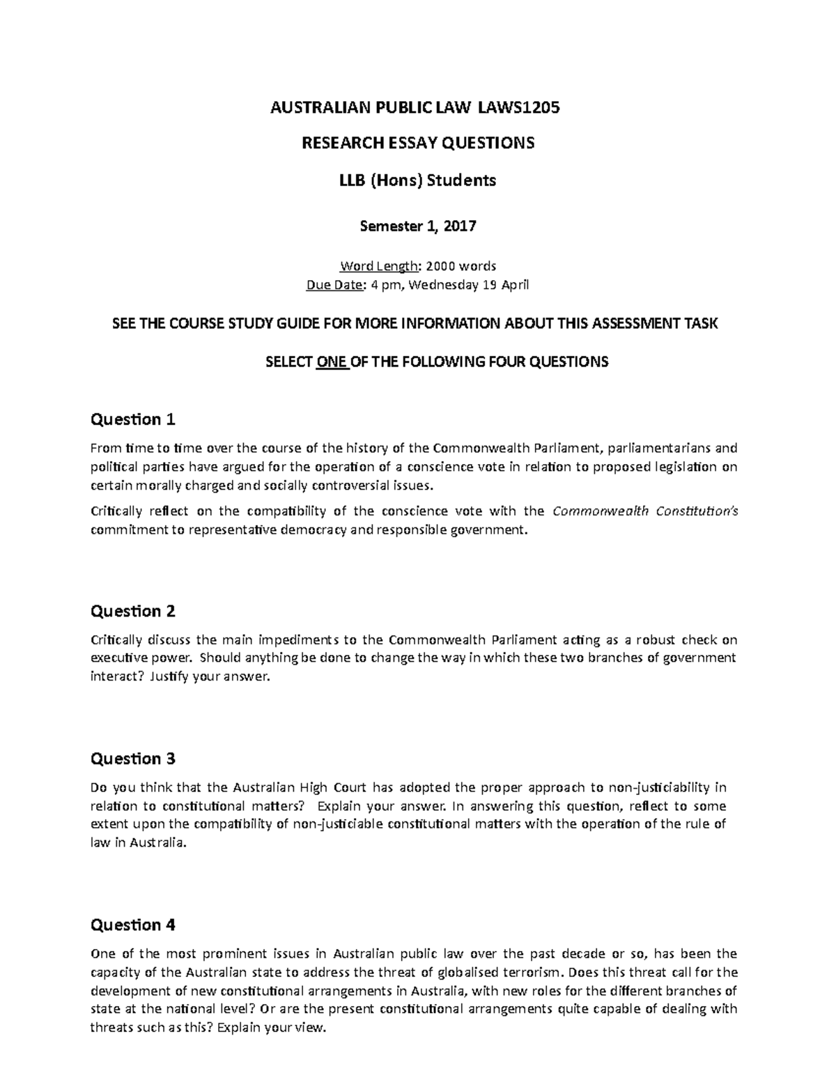 APL 2017 Research Essay Questions LLB AUSTRALIAN PUBLIC LAW LAWS RESEARCH ESSAY QUESTIONS
