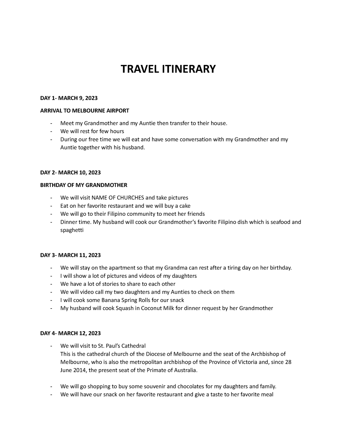 NINA DELA CRUZ- Itinerary - TRAVEL ITINERARY DAY 1- MARCH 9, 2023 ...