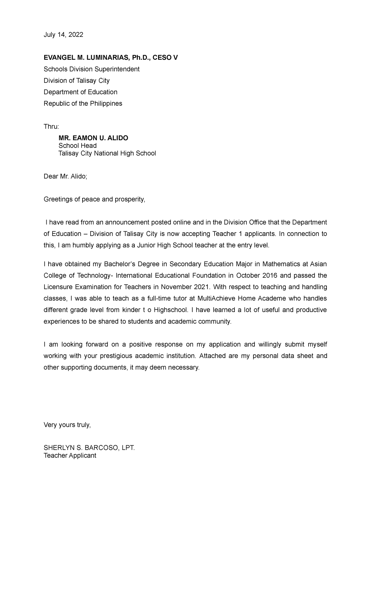 App BFV July 14, 2022 EVANGEL M. LUMINARIAS, Ph., CESO V Schools Division Superintendent