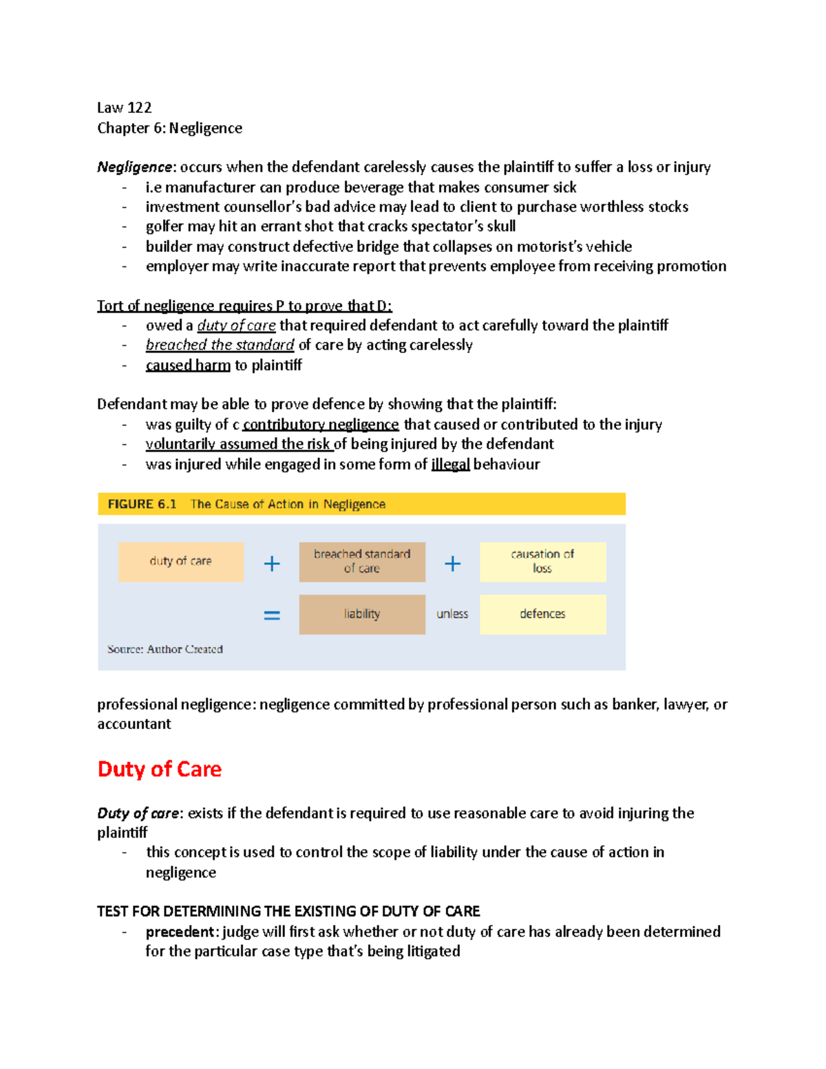 Law 122 - ch 6 - chapter 6 notes - Law 122 Chapter 6: Negligence ...