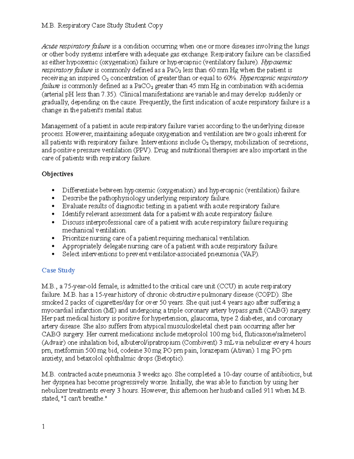 1. M.B. Case Study Acute Respiratory Failure Copy - Acute Respiratory ...