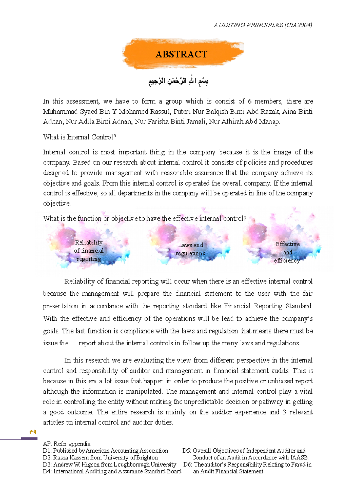 Principle of Auditing - AUDITING PRINCIPLES (CIA2004) ABSTRACT ‫ِيم ...