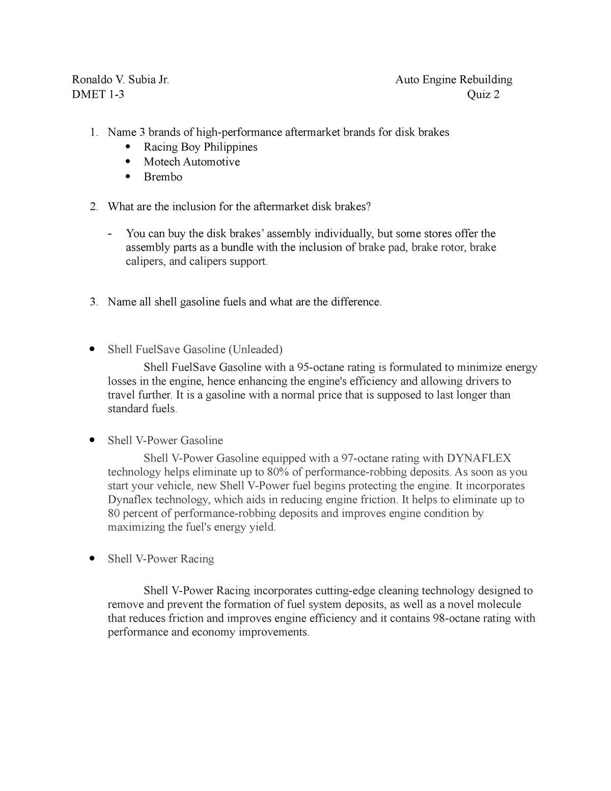 MEEN 30092 Auto Engine Rebuilding (Quiz 2) Subia - Ronaldo V. Subia Jr ...