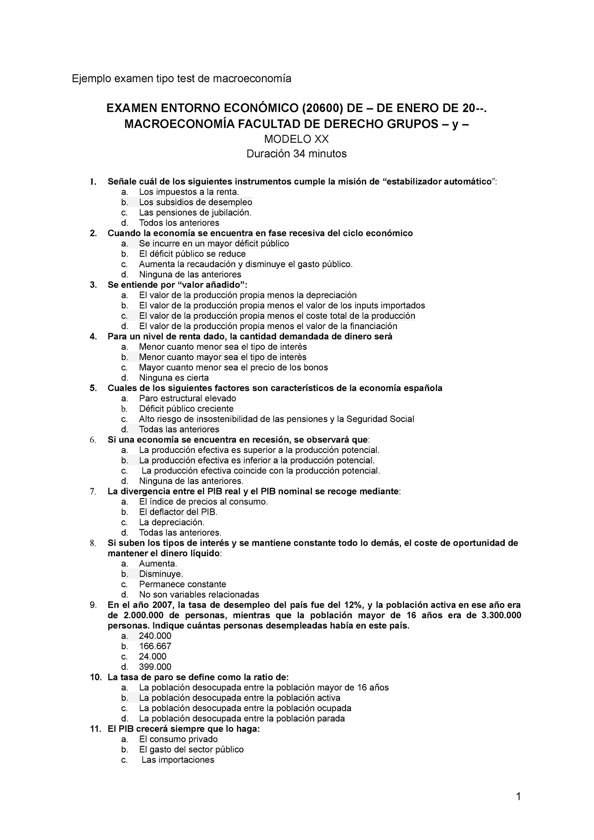 Ejemplo Examen Tipo Test De Macroeconomía - Ejemplo Examen Tipo Test De ...