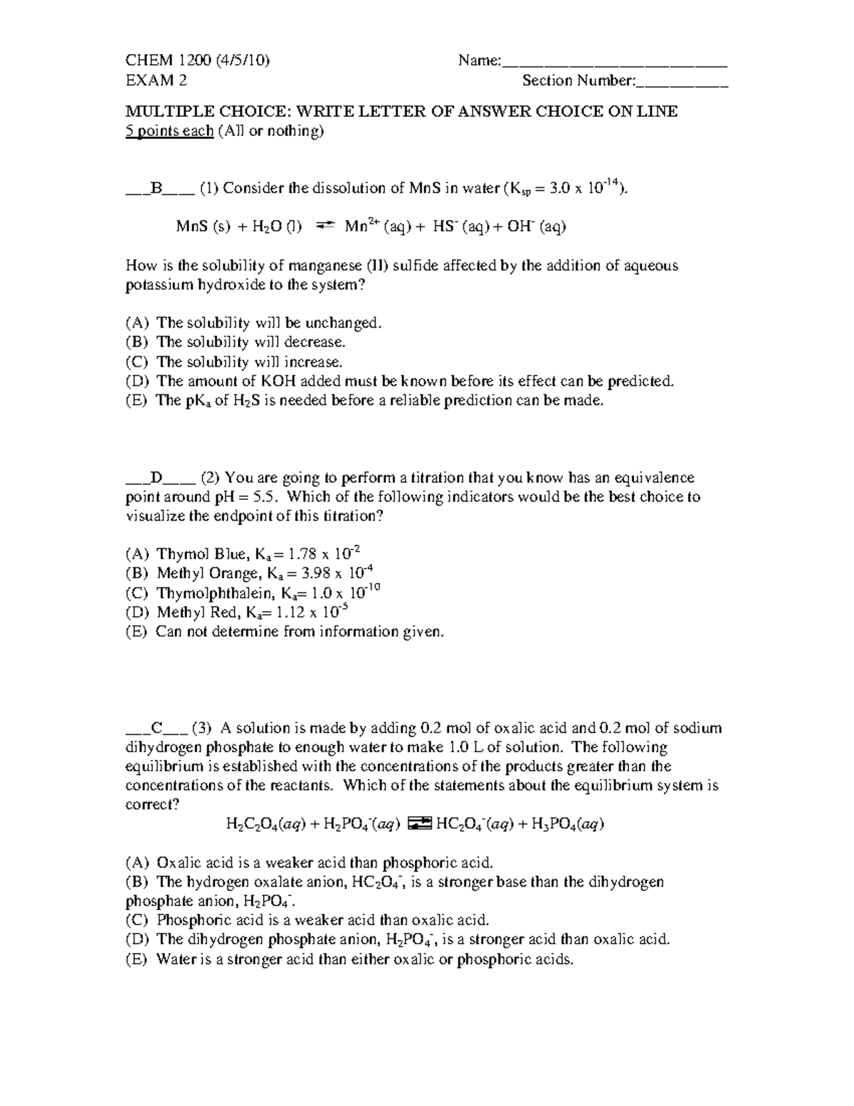 Exam 2 2010 - Back Exam For Chem 2 (PRACTICE MATERIALS) - CHEM 1200 (4 ...