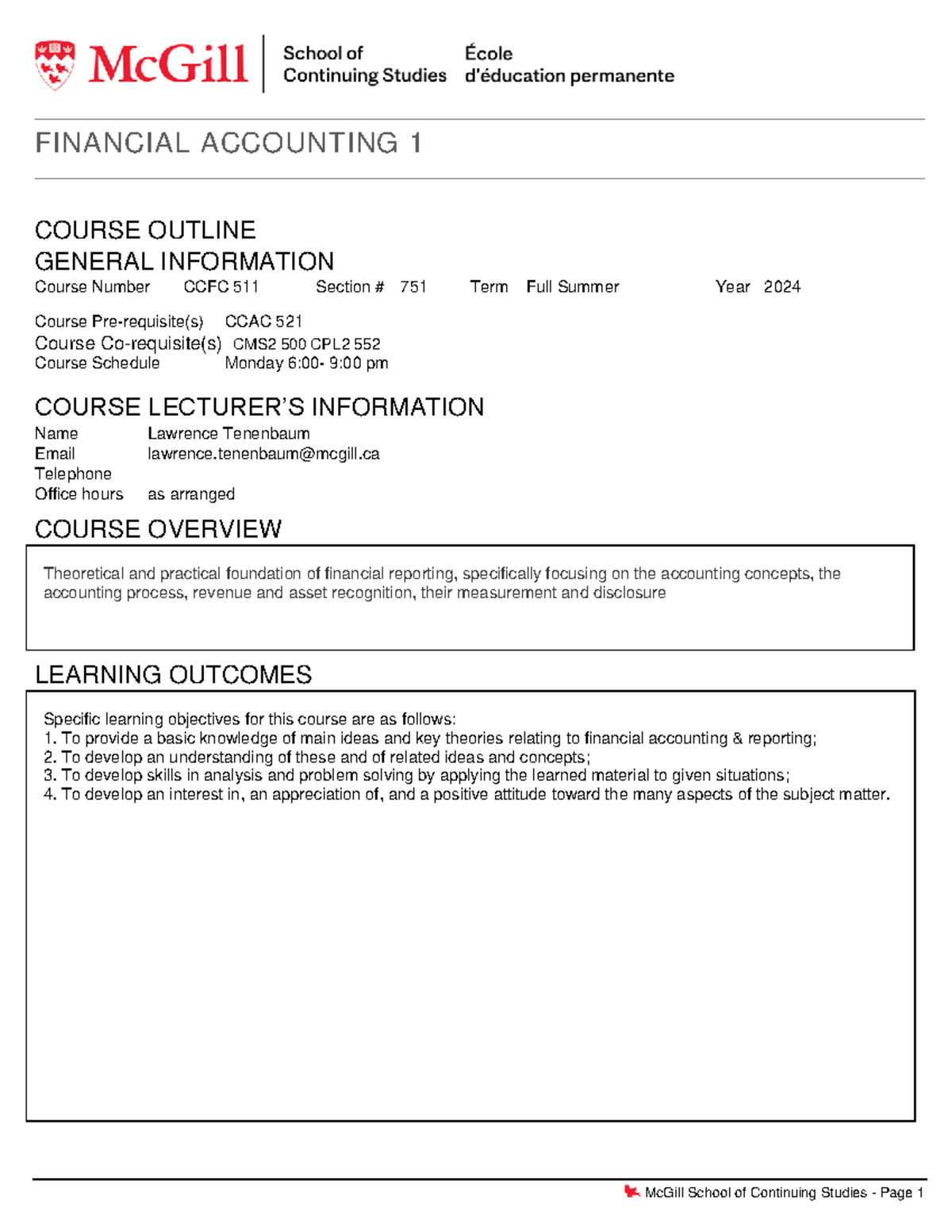 Outline CCCF511 Financial Accounting 1 Summer 2024 approved - COURSE ...