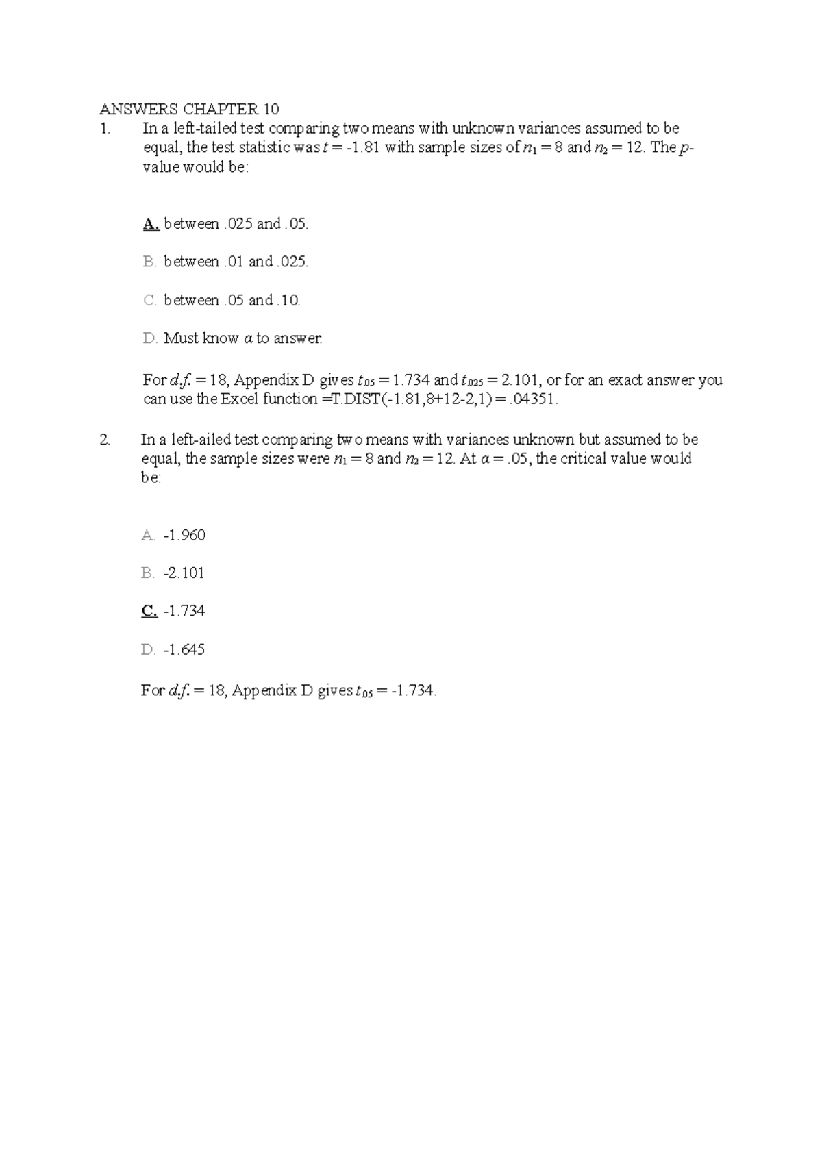 SB Test Bank Chapter 10 - This is the testbank of Statistic for ...