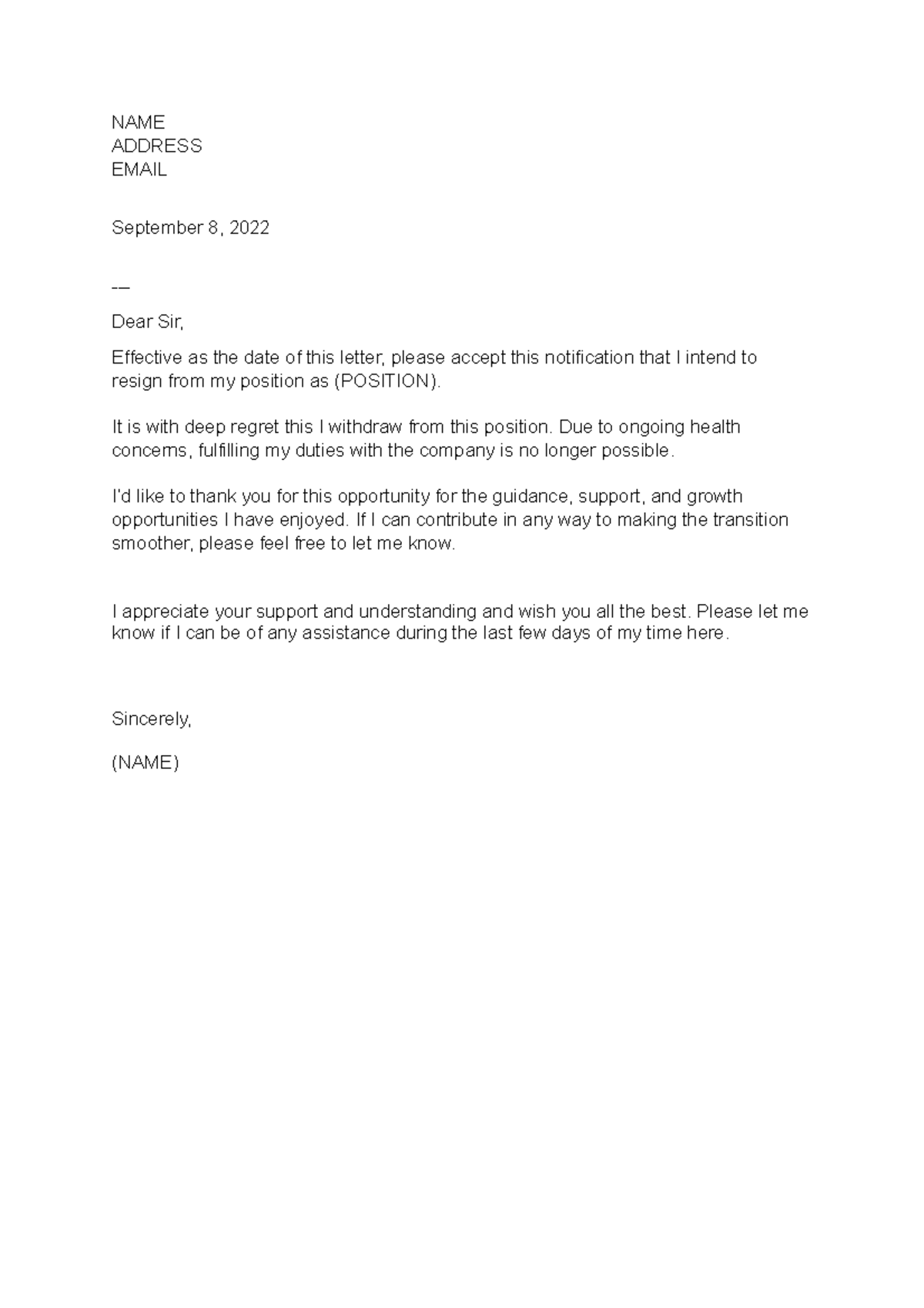 Resignation- Letter - Copy - NAME ADDRESS EMAIL September 8, 2022 ...