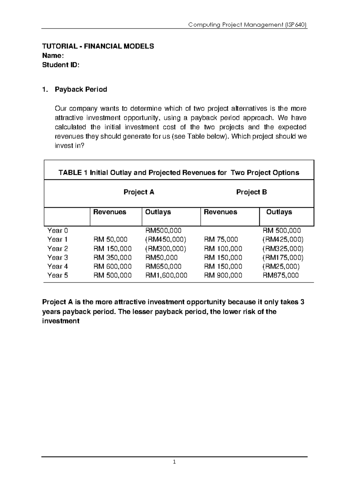 Tutorial Topic 4 - Financial Model - TUTORIAL - FINANCIAL MODELS Name ...